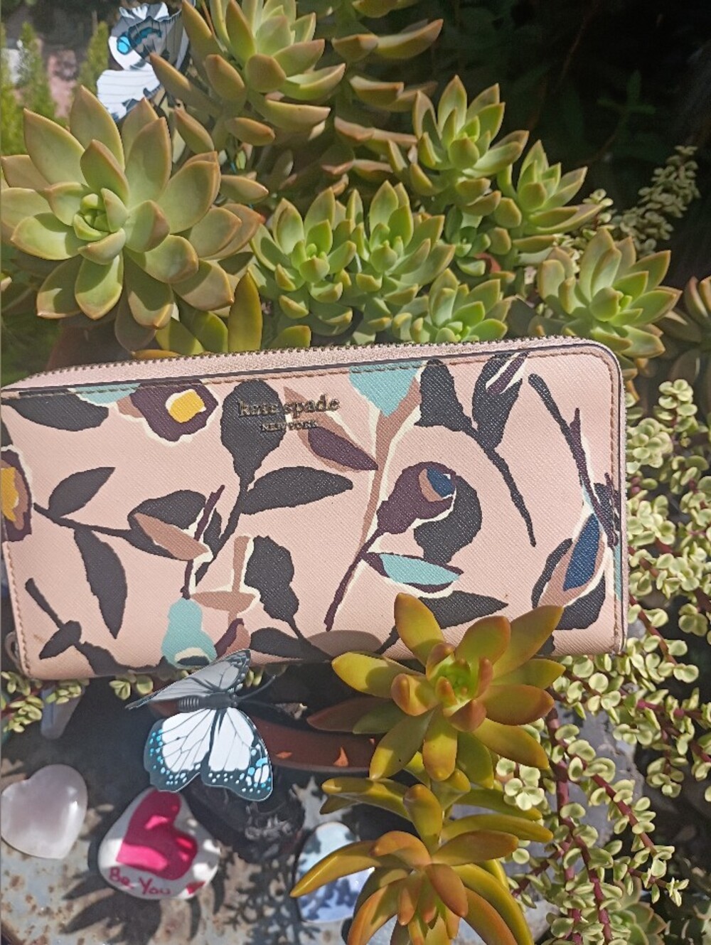 kate spade Pink Floral Zip-Around Wallet with Teal and Navy Accents